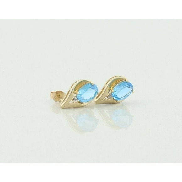 10k Yellow Gold Natural Swiss Blue Topaz and Diamond Earrings Stud Post Earrings - Picture 6 of 8